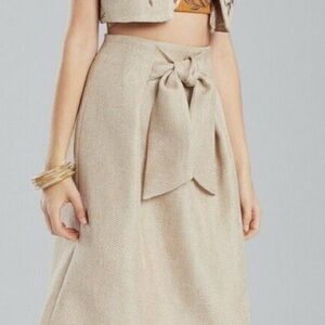NWT JOSIE NATORI Sz4 STRAW MIXED MEDIA FRONT TIE A-LINE SKIRT TAN